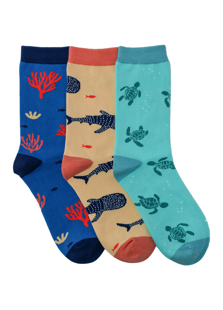 Colourful turtle socks, coral socks and whale shark socks